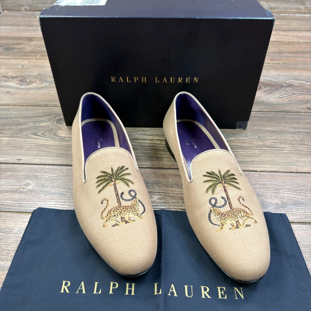 Ralph Lauren Mens 12 Alonzo Loafers Khaki Linen Palm Jaguar Embroidered RLPL
